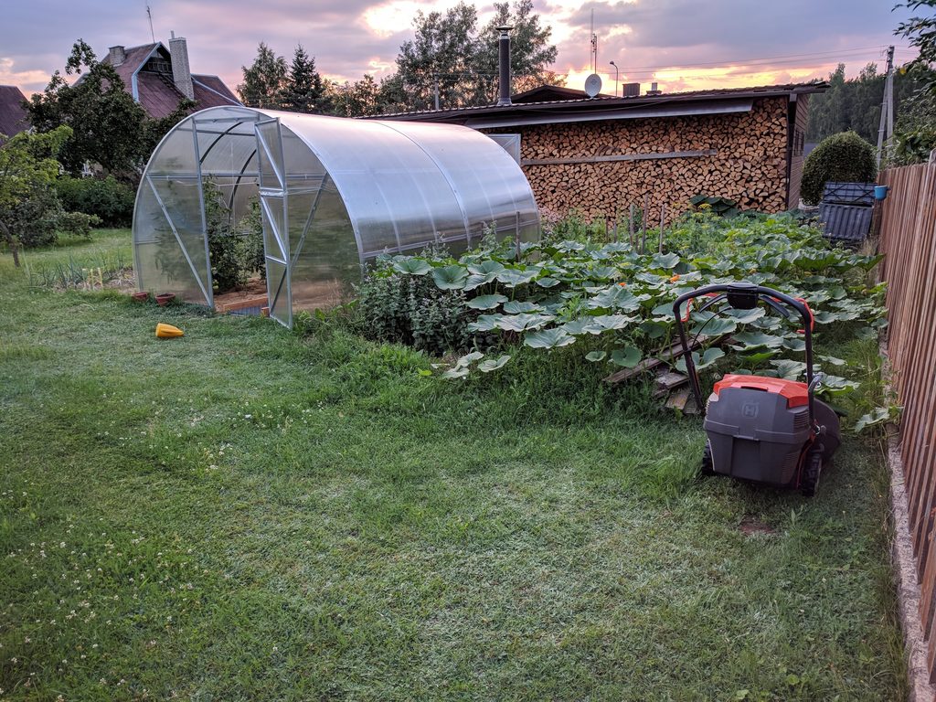 Completed polycarbonate greenhouse with an open door beside vegetable beds.

